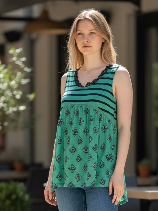 Red Camel Boho Tank Top Small Green Blue Mixed Print Babydoll Sleeveless